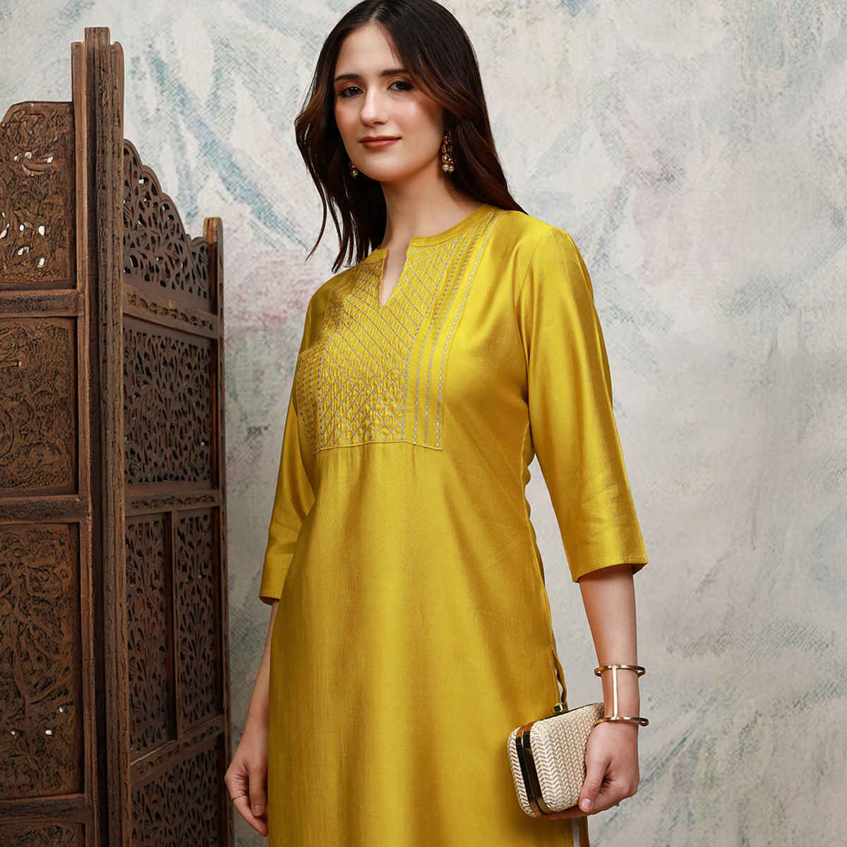 Vishudh Women's Embroidered Straight Kurta | VNKU014376 | Mustard - M