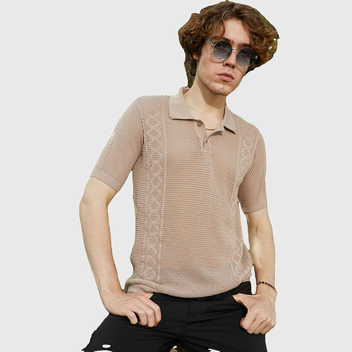 Campus Sutra Men's Twill-Knit Polo T-shirt | Beige - M