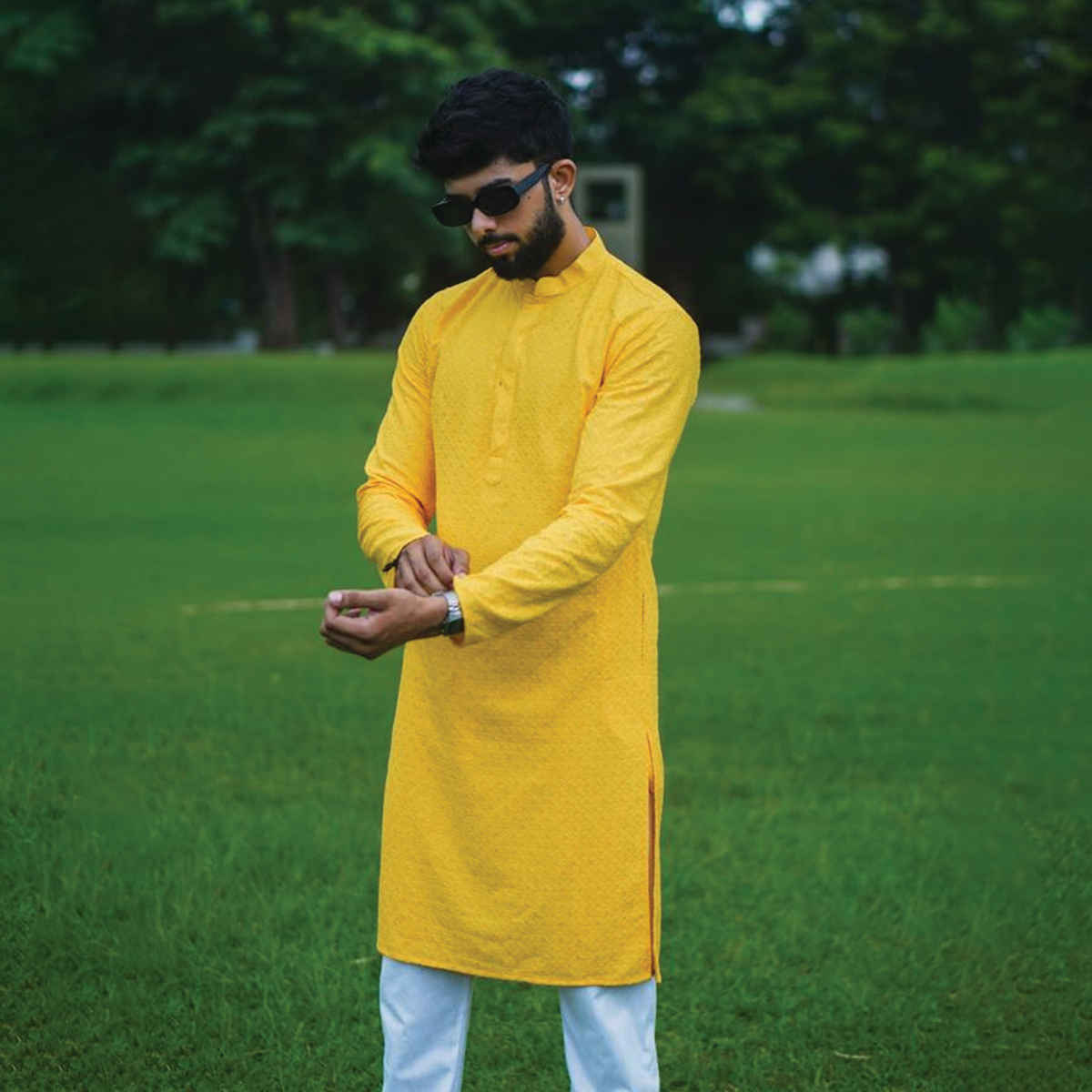 LookMark Men's Cotton Blend Thread Embroidered Full Sleeve Indian Kurta | Yellow - XXL