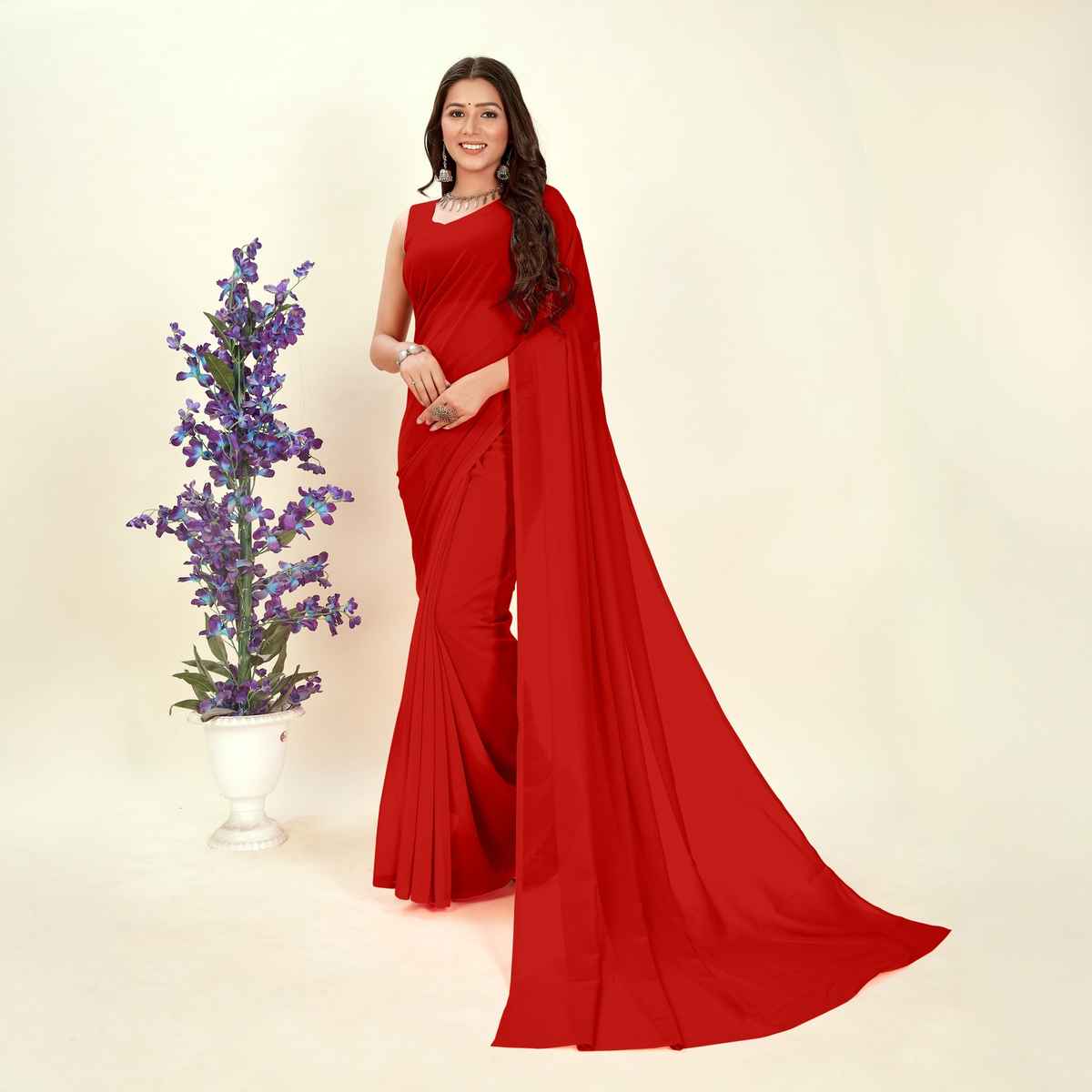 Anand Saree Women's Dyed | Plain Bollywood Georgette | Chiffon Saree | Red