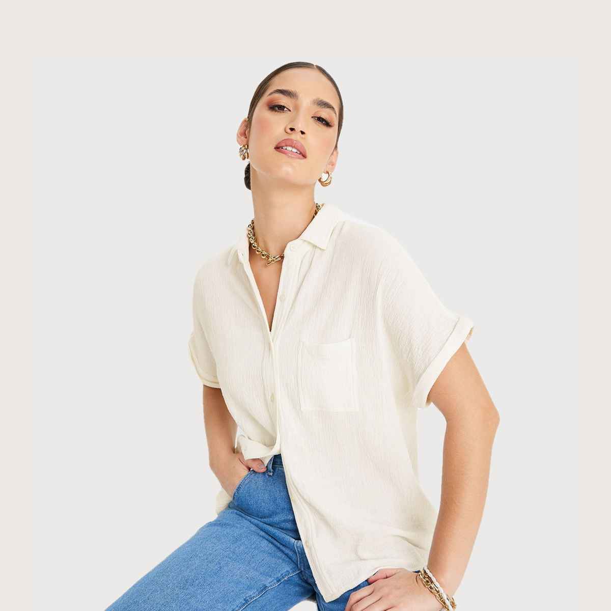 Styli Women's Regular Fit Shirt with Extended Shoulder | Off White - S