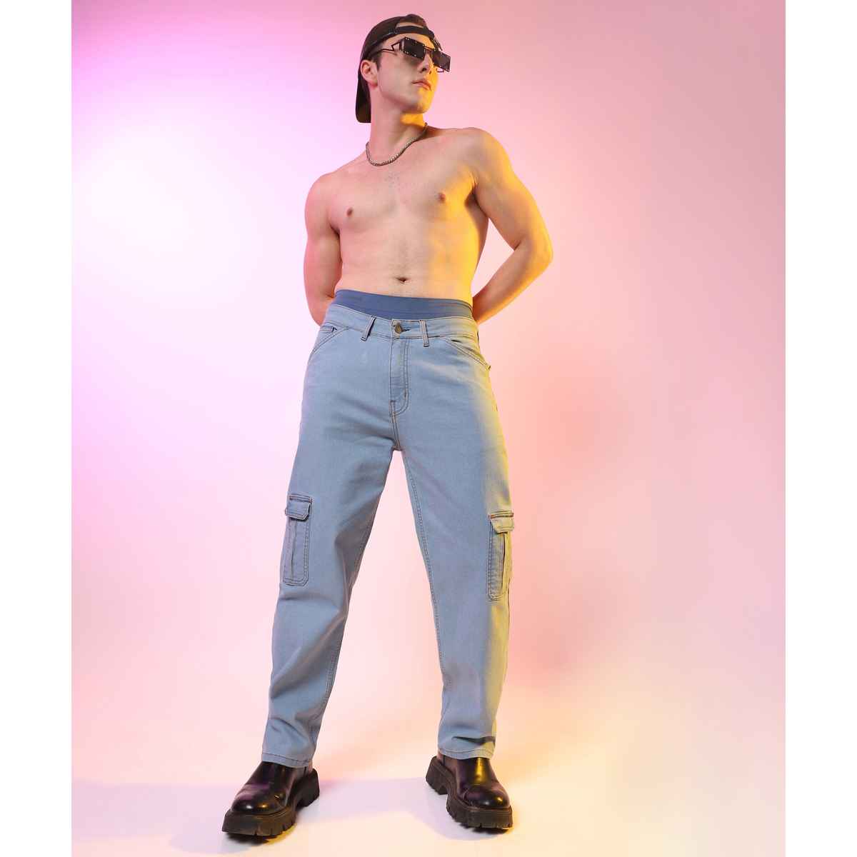Campus Sutra Men's Straight Cargo Denim Jeans | Blue - 32