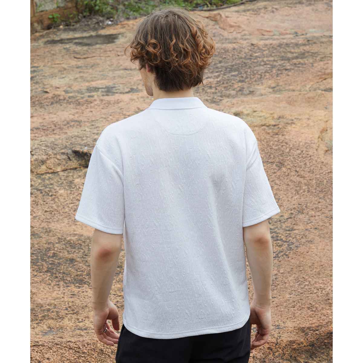 Campus Sutra Men's Ripple - Tactile Polo T-shirt | Daisy White - XL