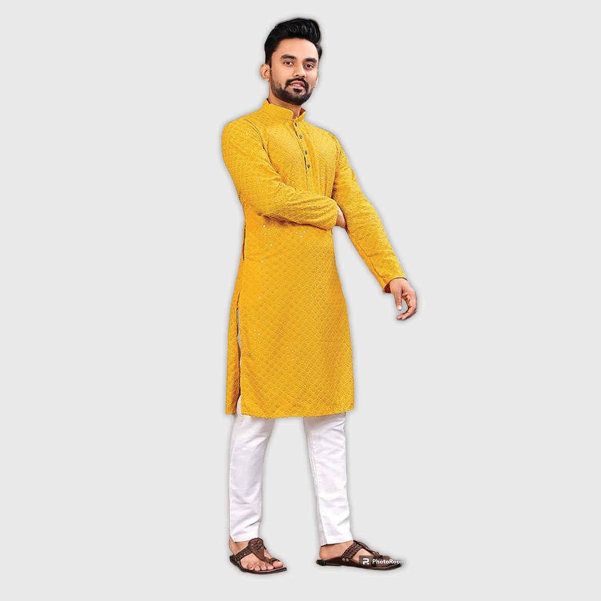 LookMark Men's Cotton Blend Thread Embroidered Full Sleeve Indian Kurta | Yellow - XXL