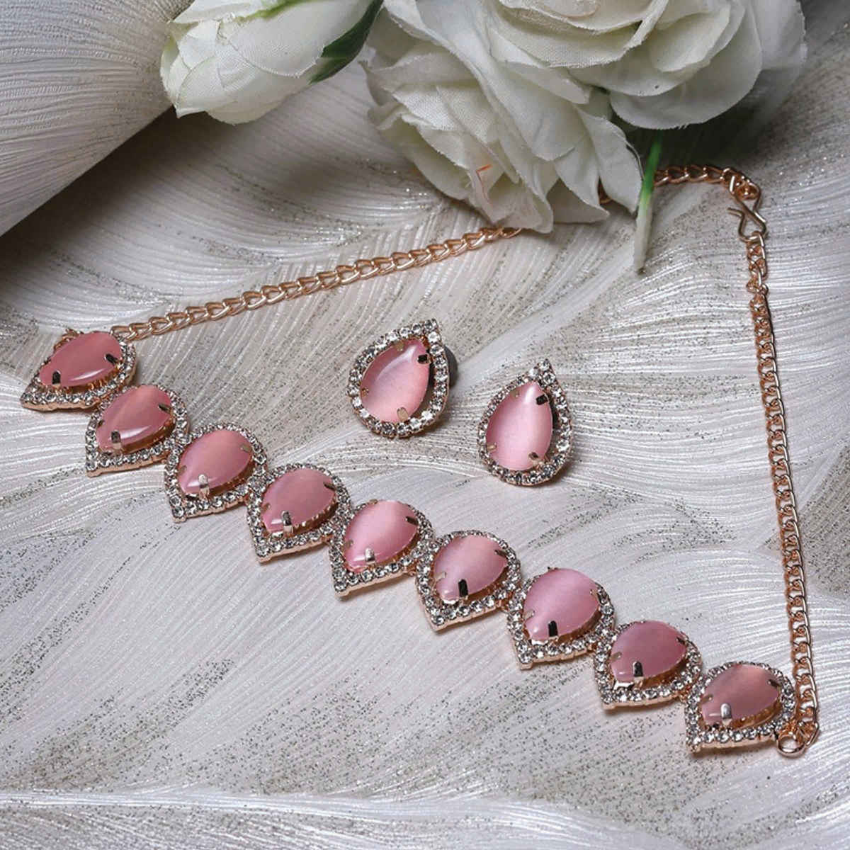 Sukkhi Elaborate Gold-Plated With Ad Pink Stones Collar Bone Necklace Set