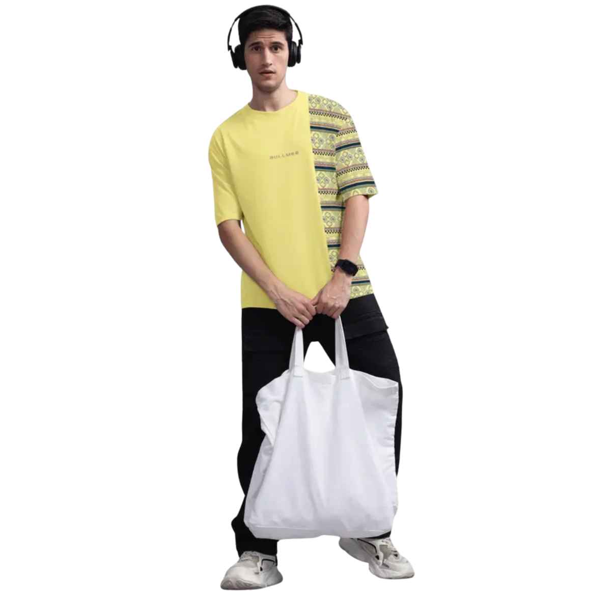 Bullmer Men's Oversized T-shirt Front and Back Printed, Colourblock Baggy | Trendy Yellow | XL