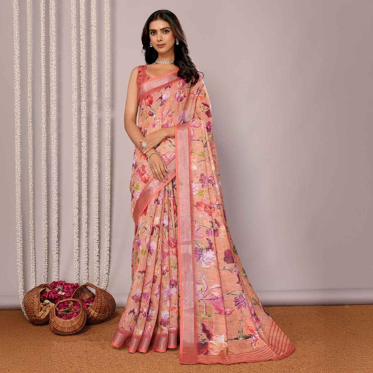 Janasya Women's Cotton Linen Floral Printed Saree with Blouse Piece | SAR452 | Peach