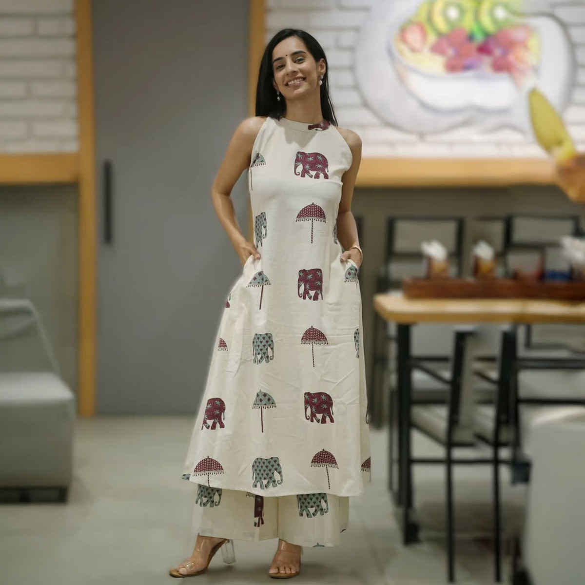 GoSriKi Women's Viscose Rayon Anarkali Printed Kurta with Palazzo | SURAI | White - M