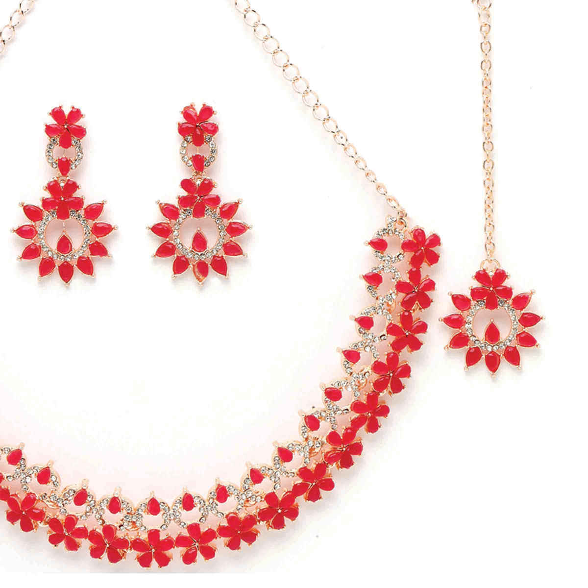 Sukkhi Glossy Gold Plated Rani Pink Kundan & Beads Studded Floral Choker Necklace Set