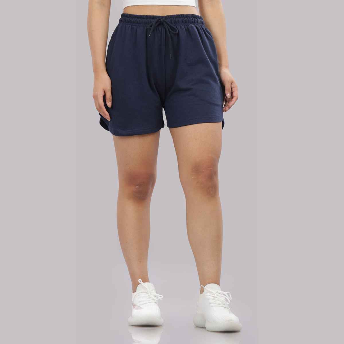 Springman Solid Blue Shorts With Elastic & Drawstring For Women | L