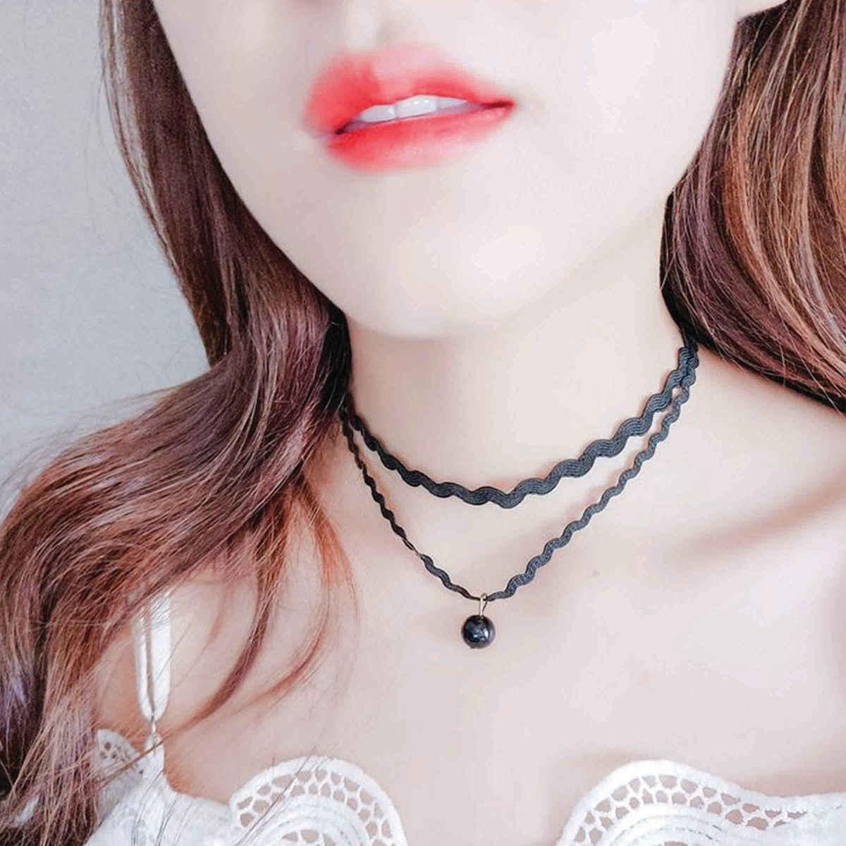 Shining Diva Fashion Set of 10 Stylish Black Fabric Lace Choker Necklace for Women and Girls Cmb272