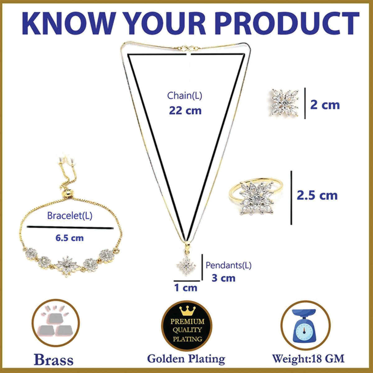 Zeneme Cubic Zirconia Gold Plated Elegant Pendant Set With Bracelet Ring Jewellery For Women