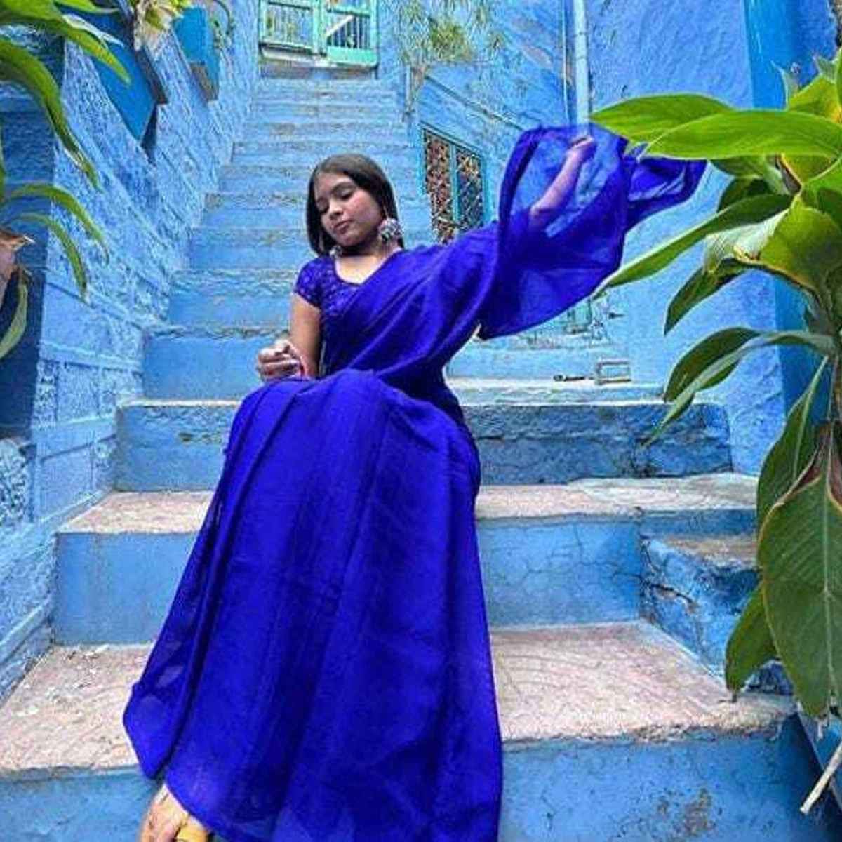 Anand Saree Women's Plain Bollywood Georgette Saree | Blue