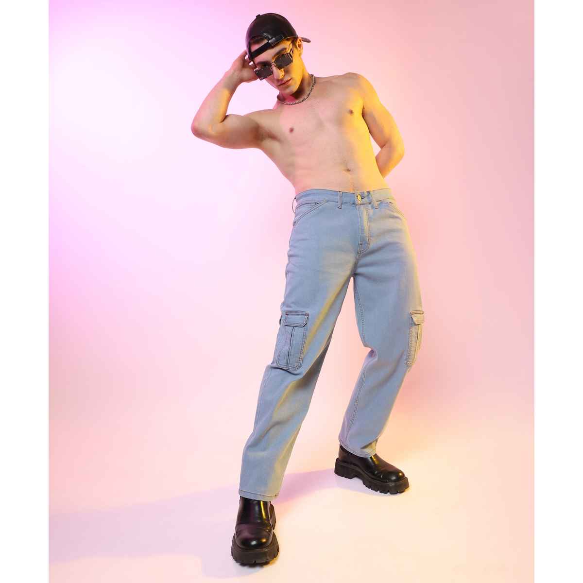Campus Sutra Men's Straight Cargo Denim Jeans | Blue - 32