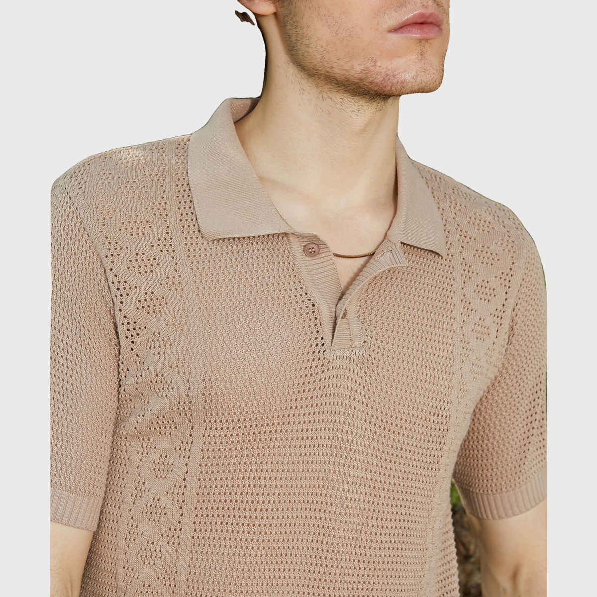 Campus Sutra Men's Twill-Knit Polo T-shirt | Beige - M