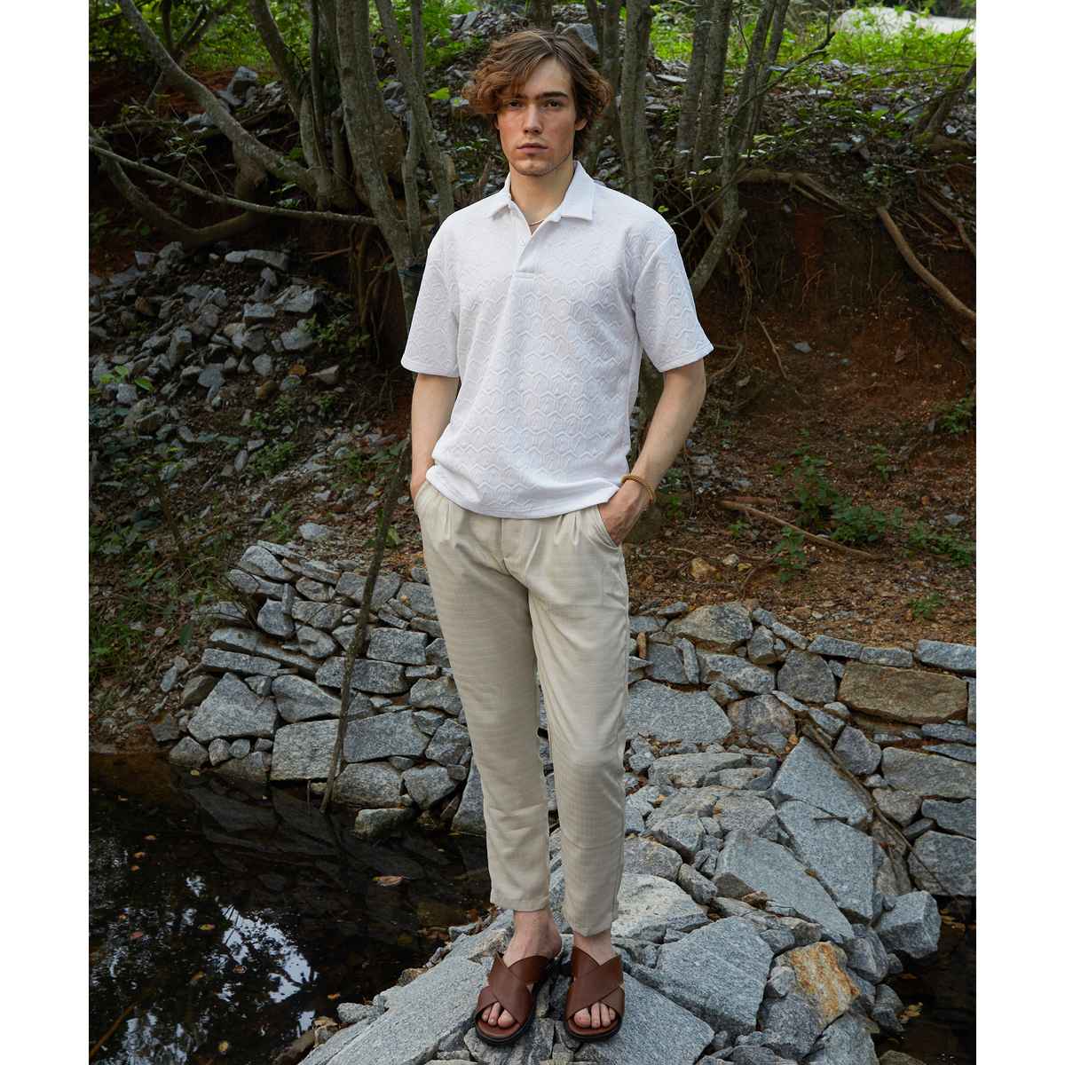 Campus Sutra Men's Zigzag-Tactile Polo T-shirt | White - L