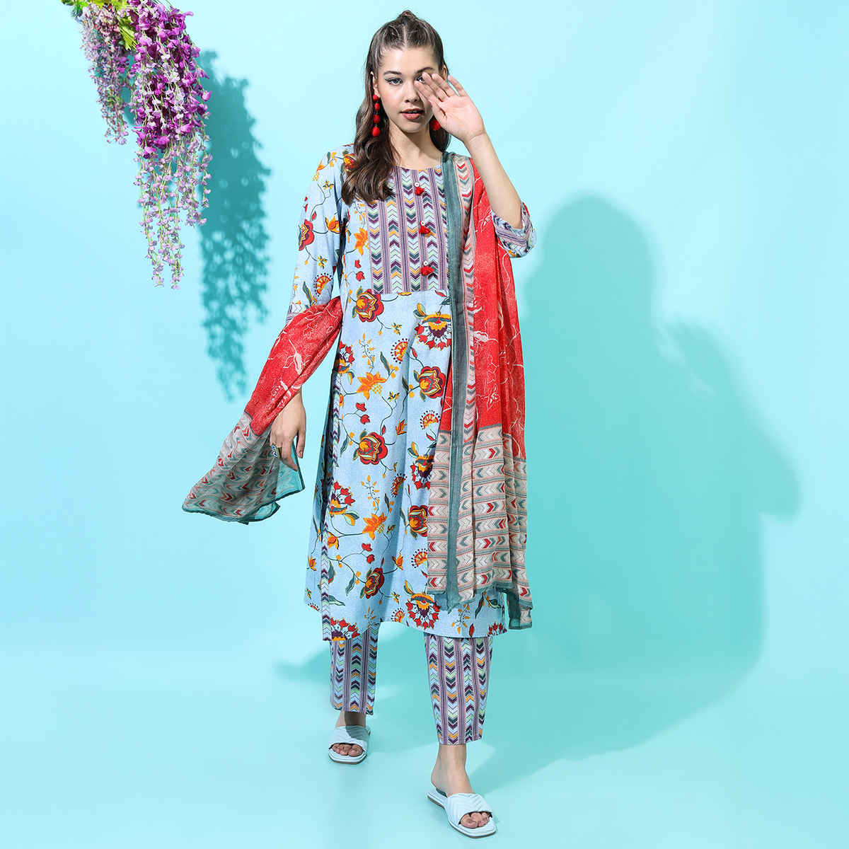 Vishudh Women's Floral Pure Cotton Kurta With Trouser & Dupatta | VNK3003691 | Blue - S