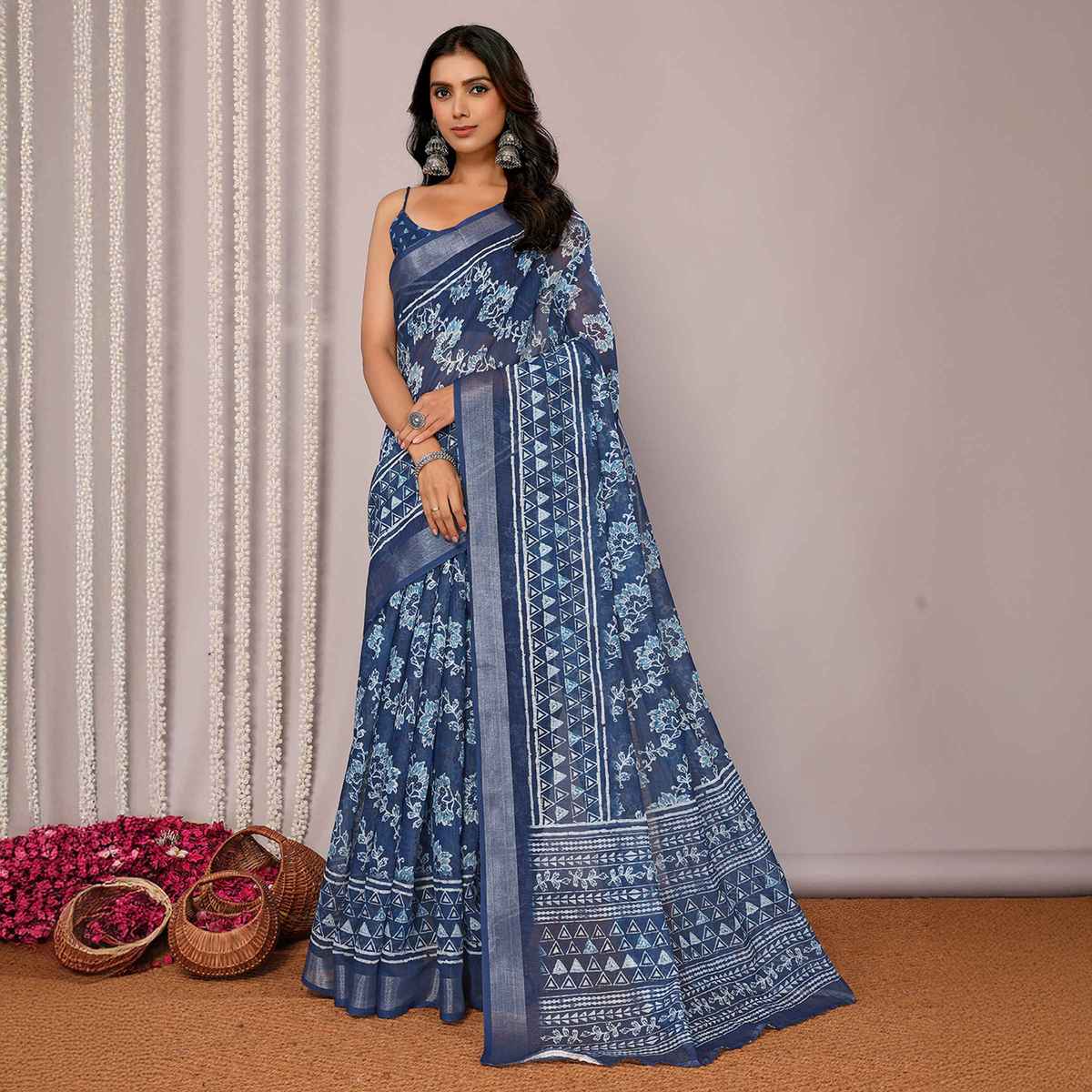 Janasya Women's Cotton Linen Floral Printed Saree with Blouse Piece | SAR444 | Navy Blue
