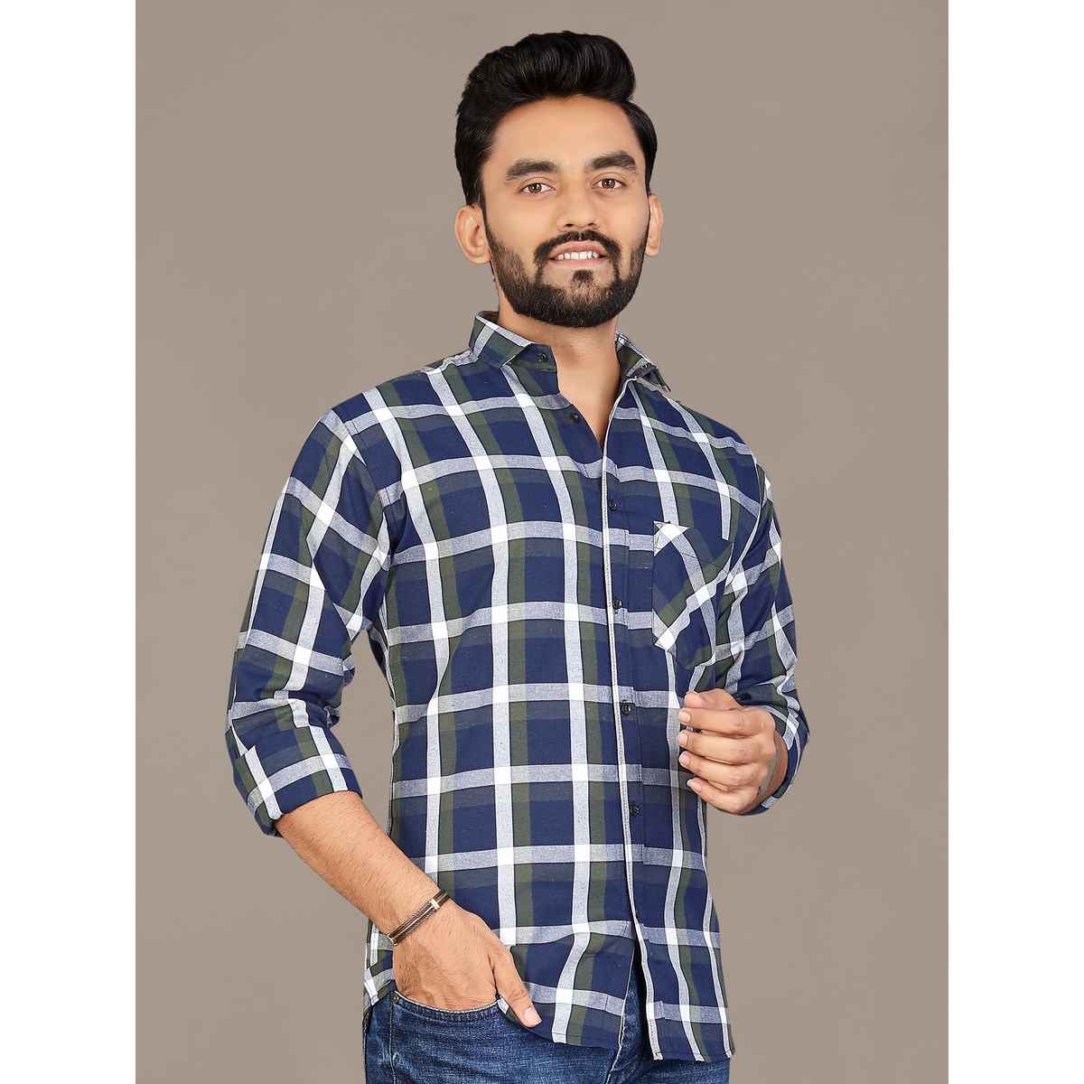 Allan Peter Men's Blue And White Checks Casual Shirt | M