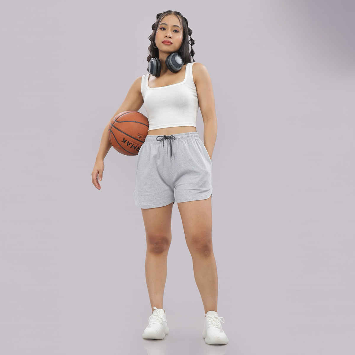 Springman Solid Grey Shorts With Elastic & Drawstring For Women | L