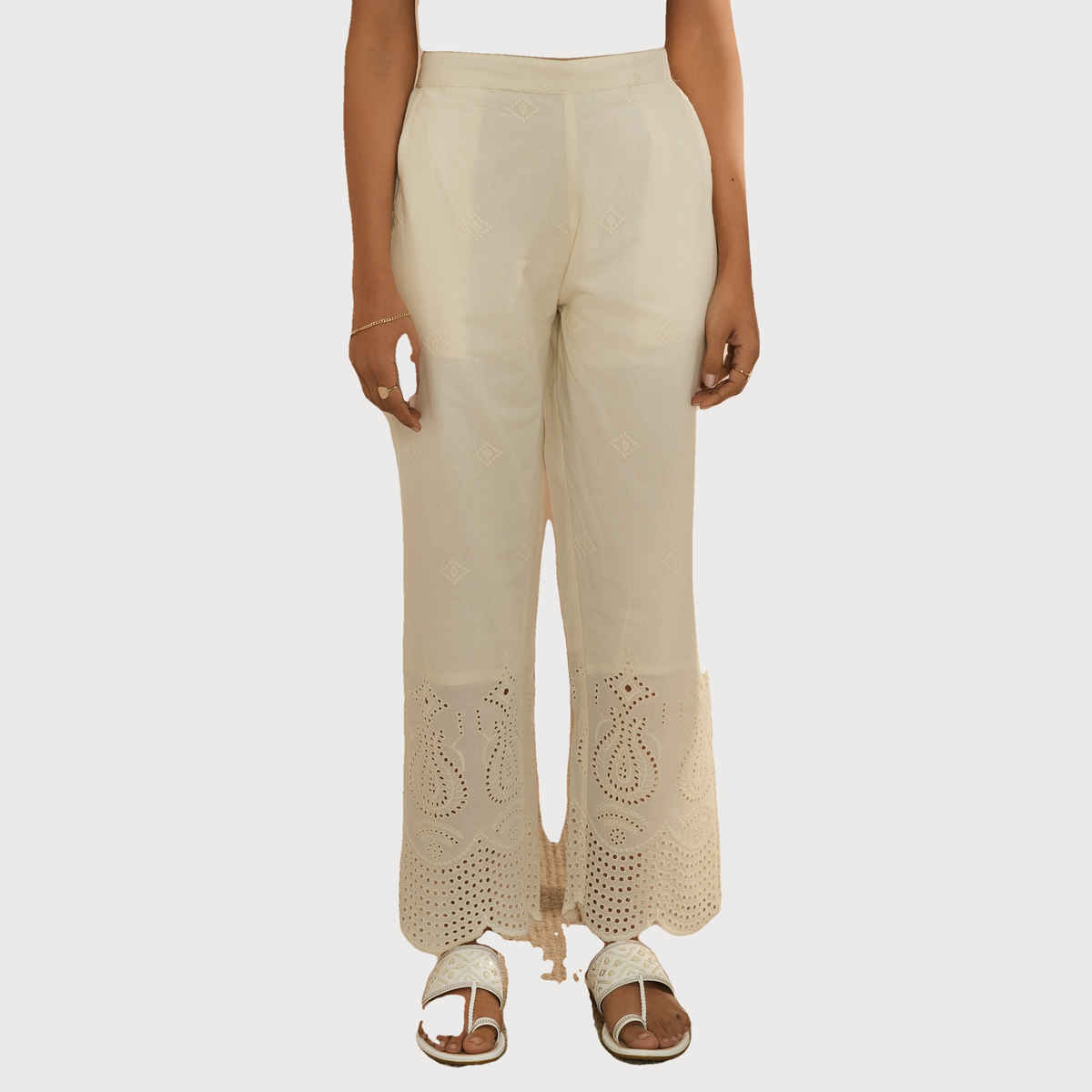 Libas Women's Off White Embroidered Cotton Straight Fit Palazzos | L