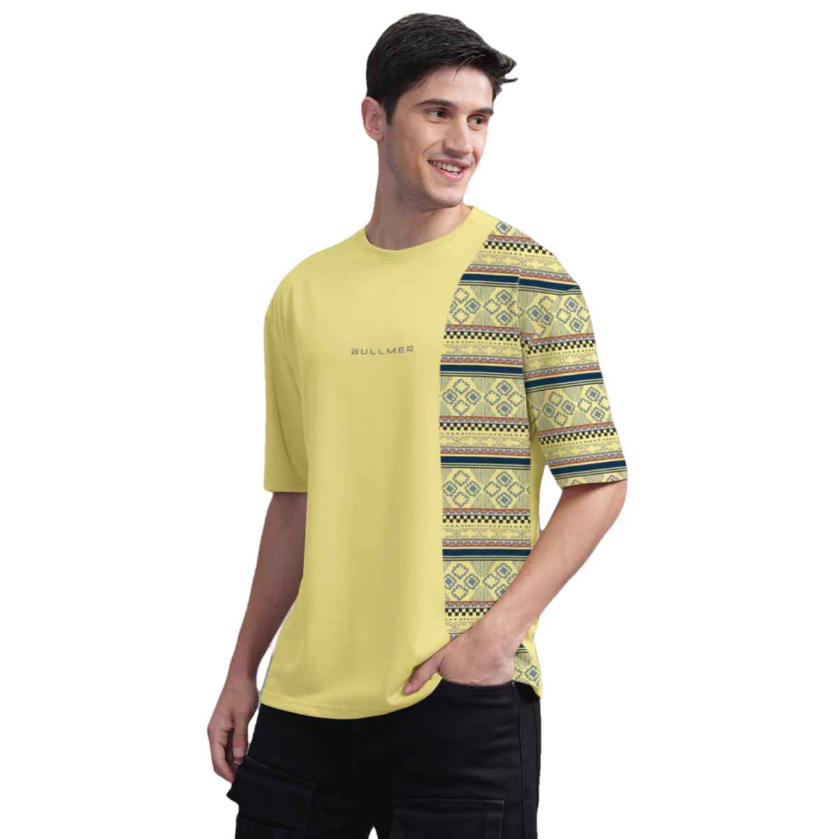 Bullmer Men's Oversized T-shirt Front and Back Printed, Colourblock Baggy | Trendy Yellow | XL