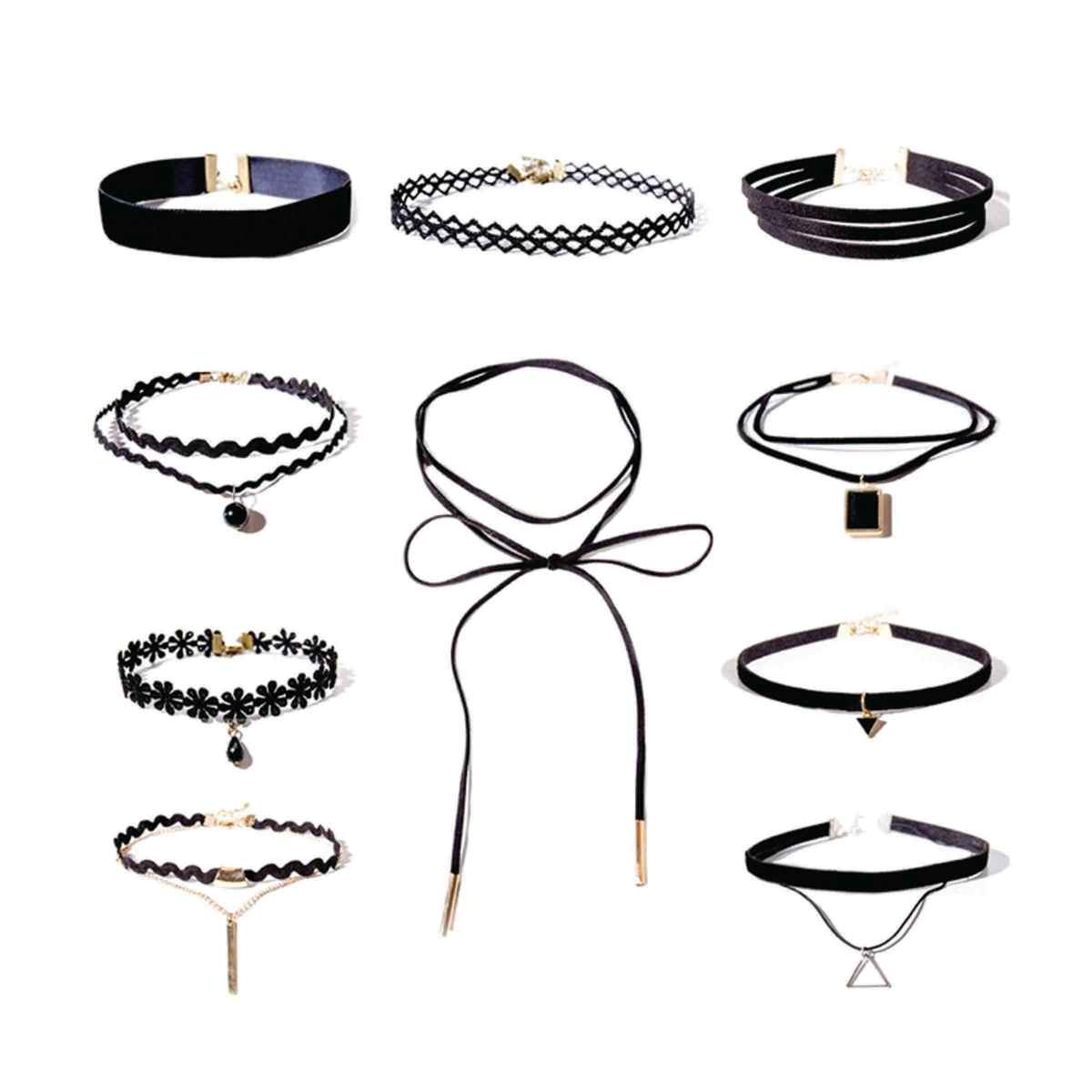 Shining Diva Fashion Set of 10 Stylish Black Fabric Lace Choker Necklace for Women and Girls Cmb272