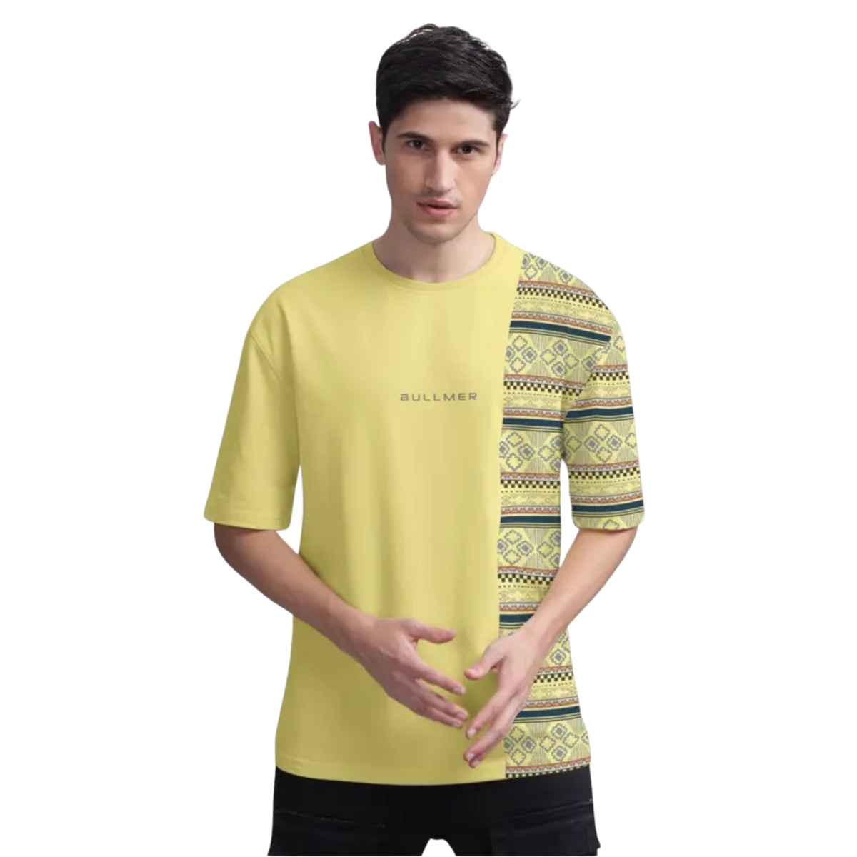 Bullmer Men's Oversized T-shirt Front and Back Printed, Colourblock Baggy | Trendy Yellow | XL