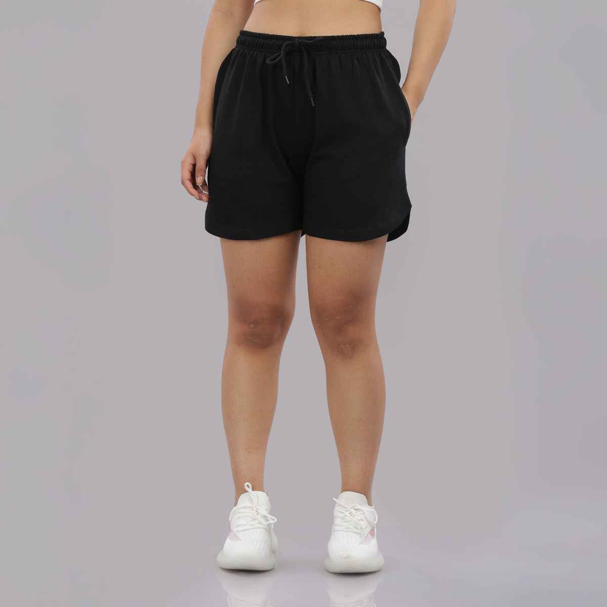 Springman Solid Black shorts With Elastic & Drawstring For Women | L