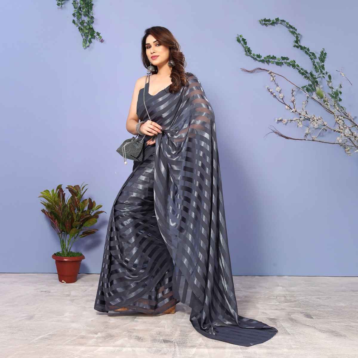 Anand Saree Women's Embellished | Striped | Self Design Bollywood Satin Saree | Grey