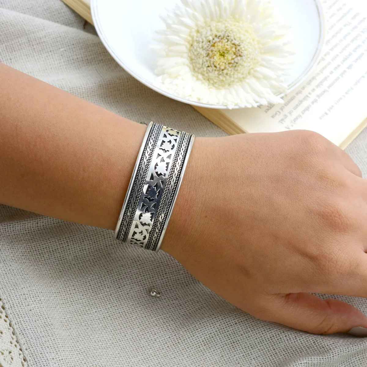 Teejh Chaya Floral Embossed Silver Oxidized Bracelet Cuff