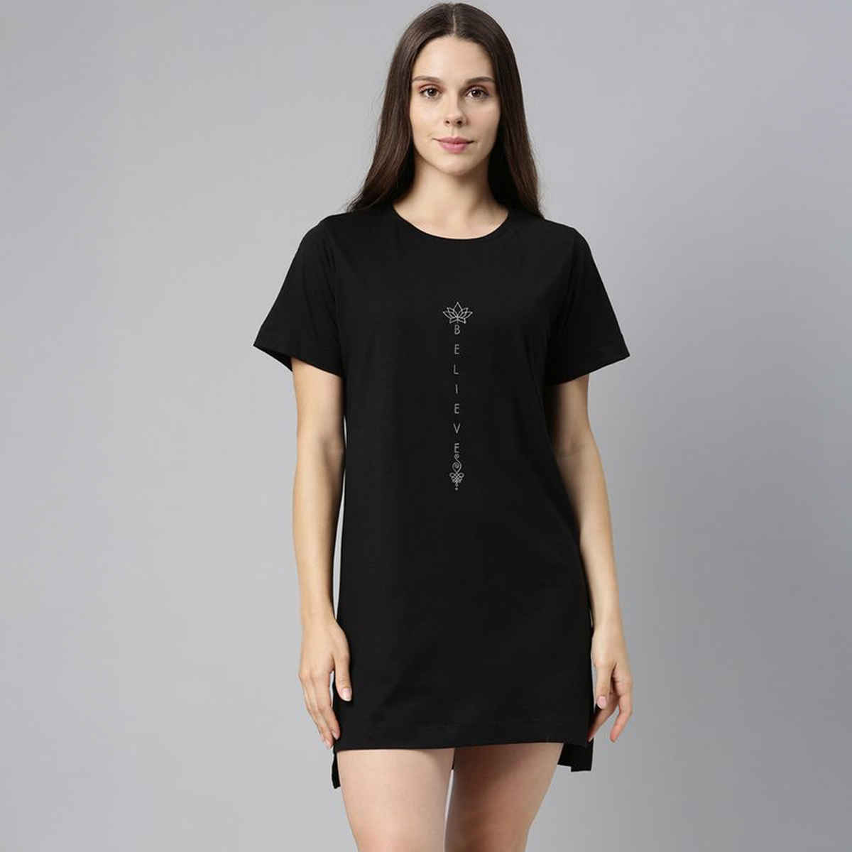 Enamor Women's E061 Crew Neck Cotton Tunic Tee|Side Slits | Jet Black W/Believe-M