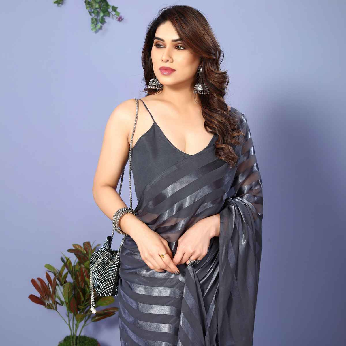 Anand Saree Women's Embellished | Striped | Self Design Bollywood Satin Saree | Grey