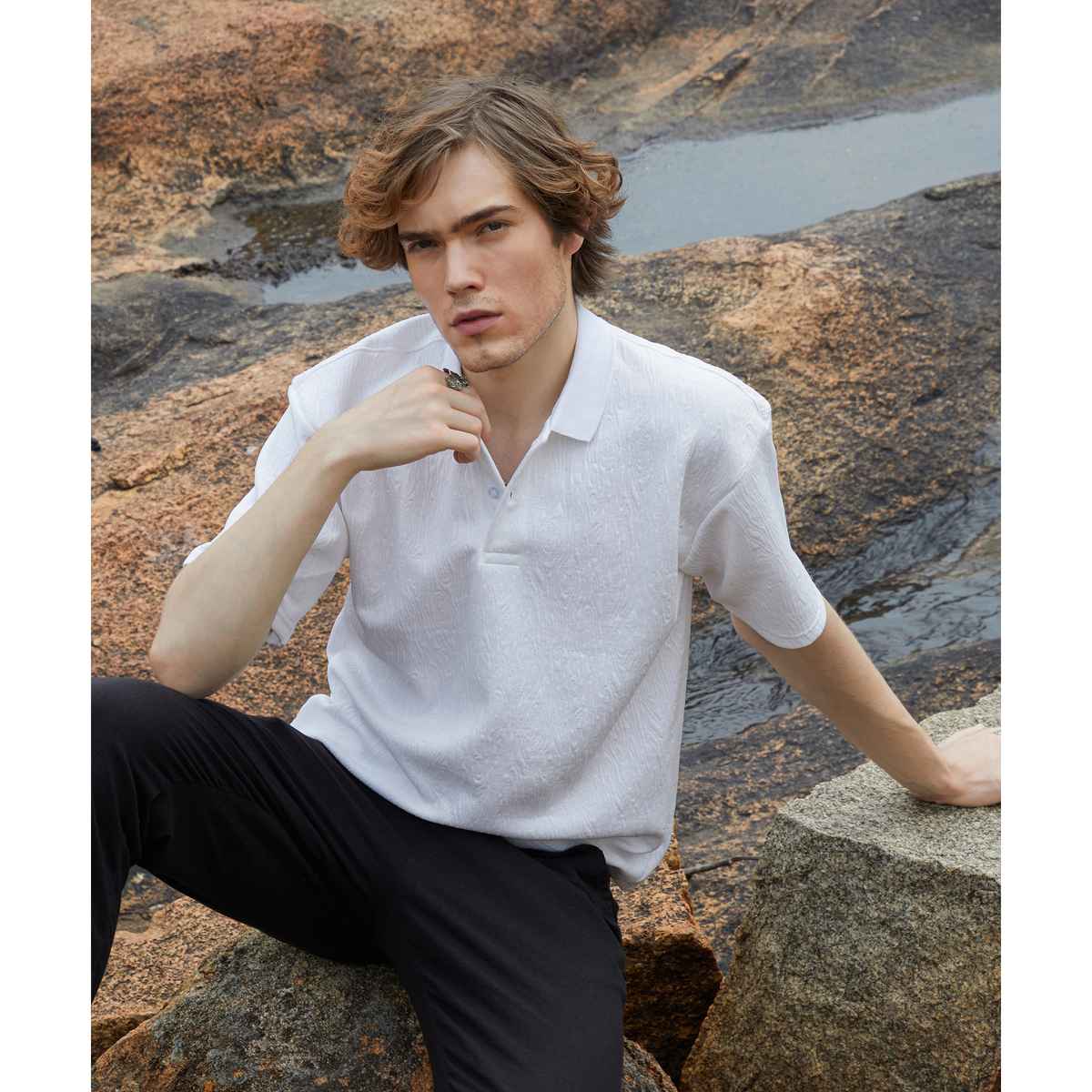 Campus Sutra Men's Ripple - Tactile Polo T-shirt | Daisy White - XL