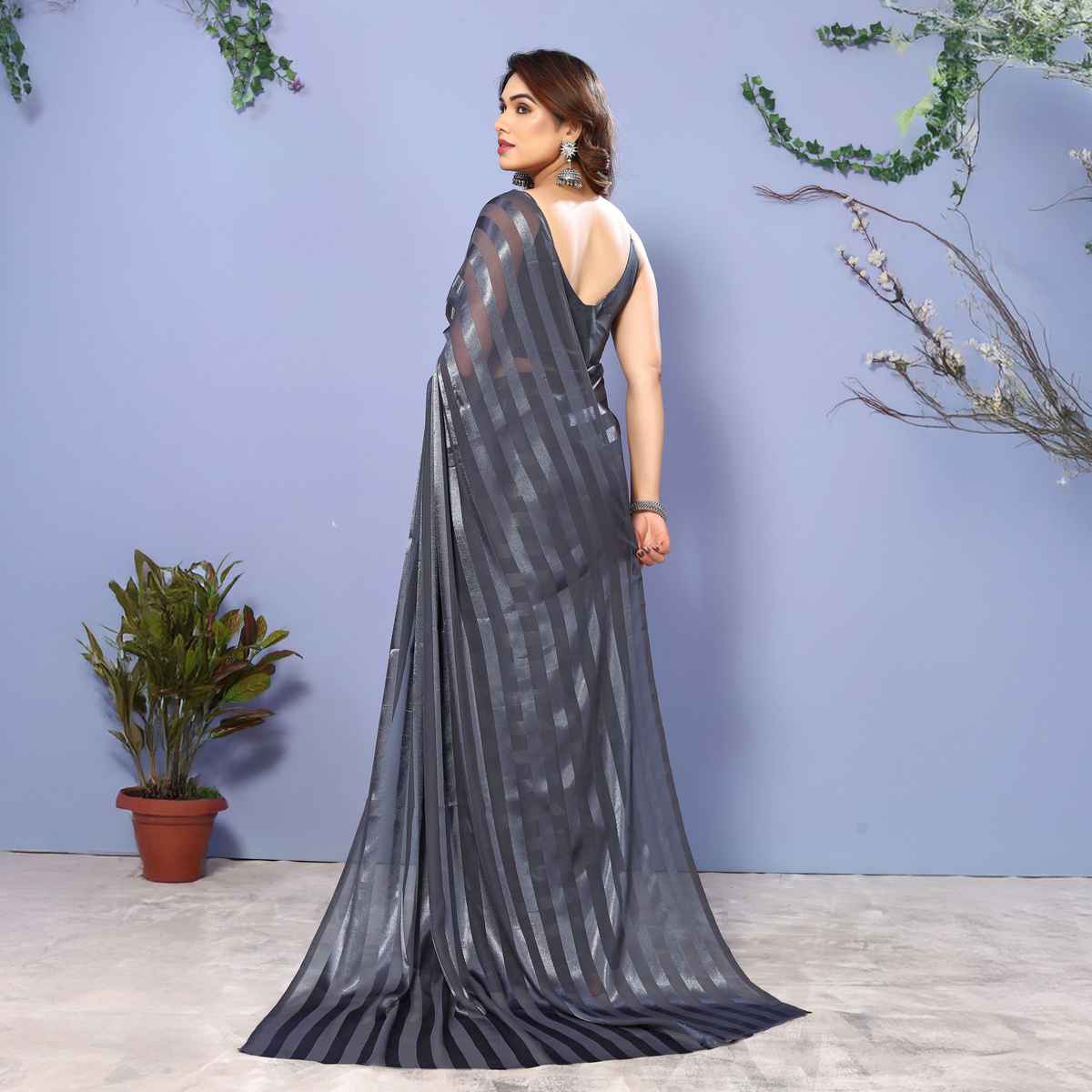 Anand Saree Women's Embellished | Striped | Self Design Bollywood Satin Saree | Grey