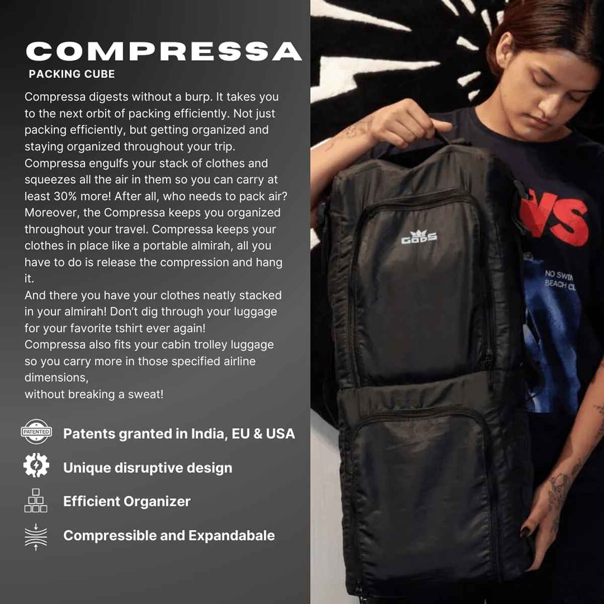 Gods Compressa Compression Packing Cube Compressible And Expandable Organizer 25 Ltrs Black