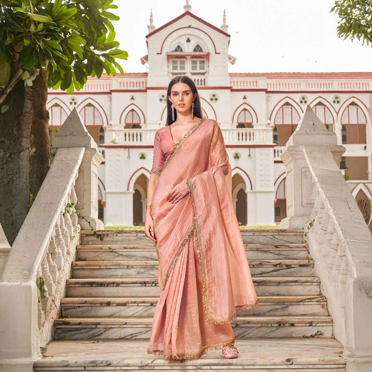 Tikhi Imli Women's Crushed Organza Saree With Unstitched Blouse | Peach