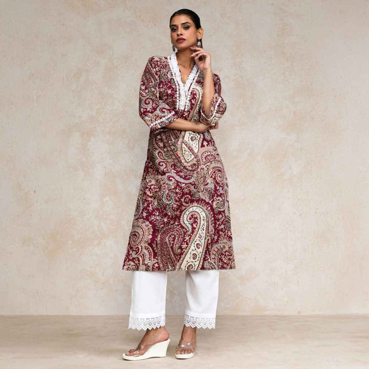 Varanga Women's Paisley Printed Three Quarter Sleeve Kurta | Maroon - 2XL