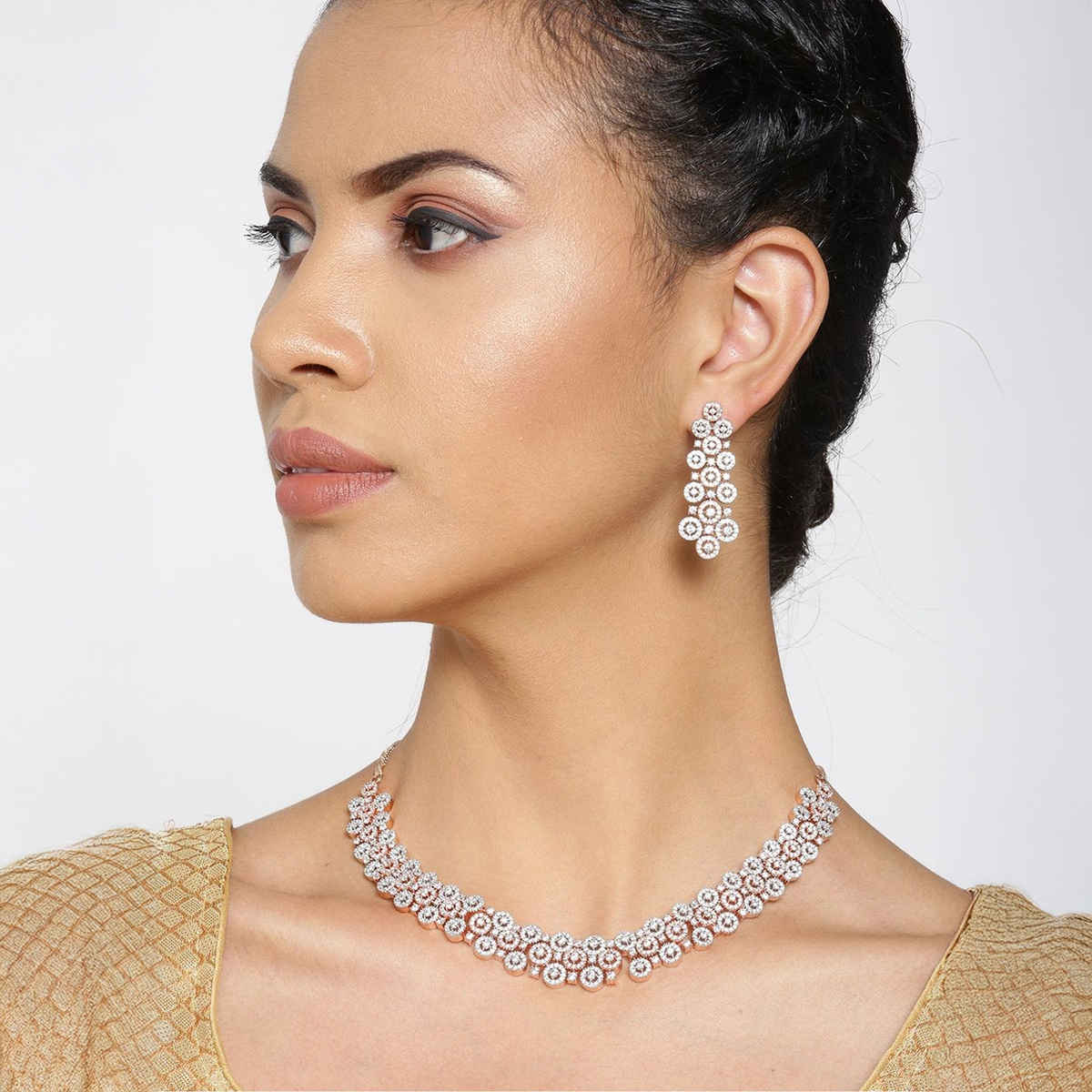 Priyaasi Rose Gold-Plated American Diamond Studded | Geometric Patterned Jewellery Set