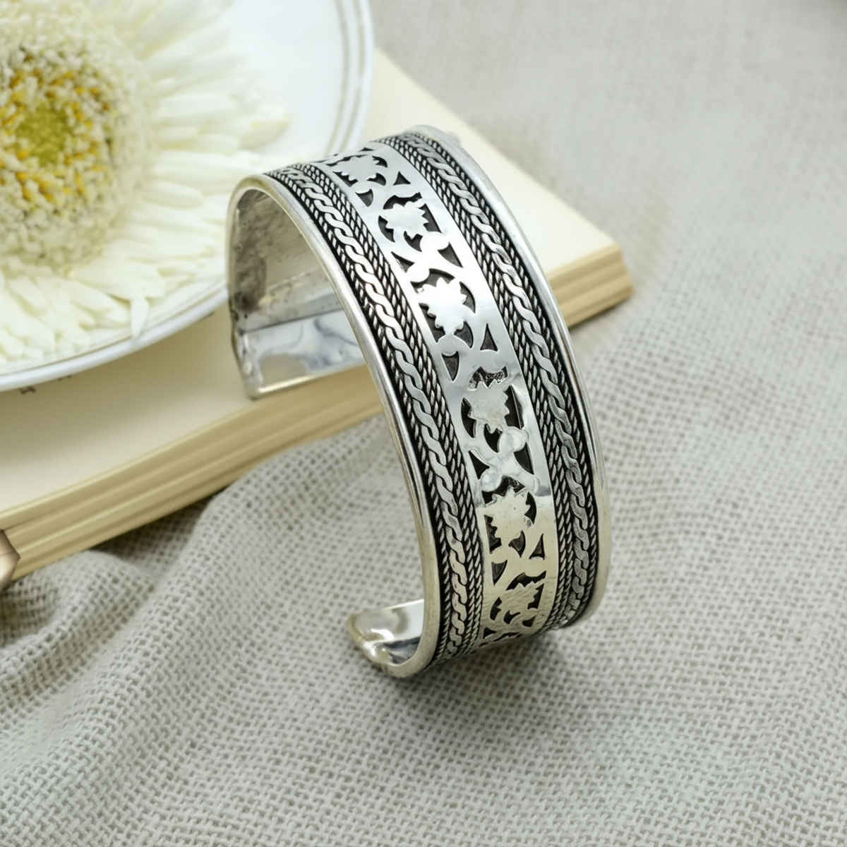 Teejh Chaya Floral Embossed Silver Oxidized Bracelet Cuff