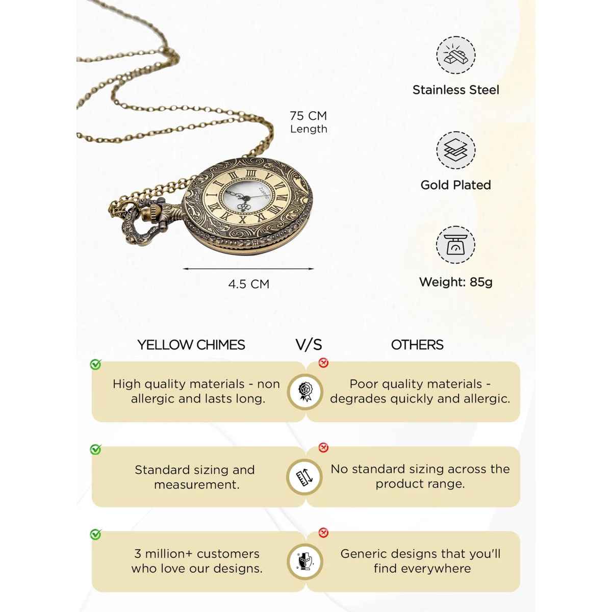 Yellow Chimes Golden Pocket Watch Pendant for Men, Dual Purpose Stainless Steel