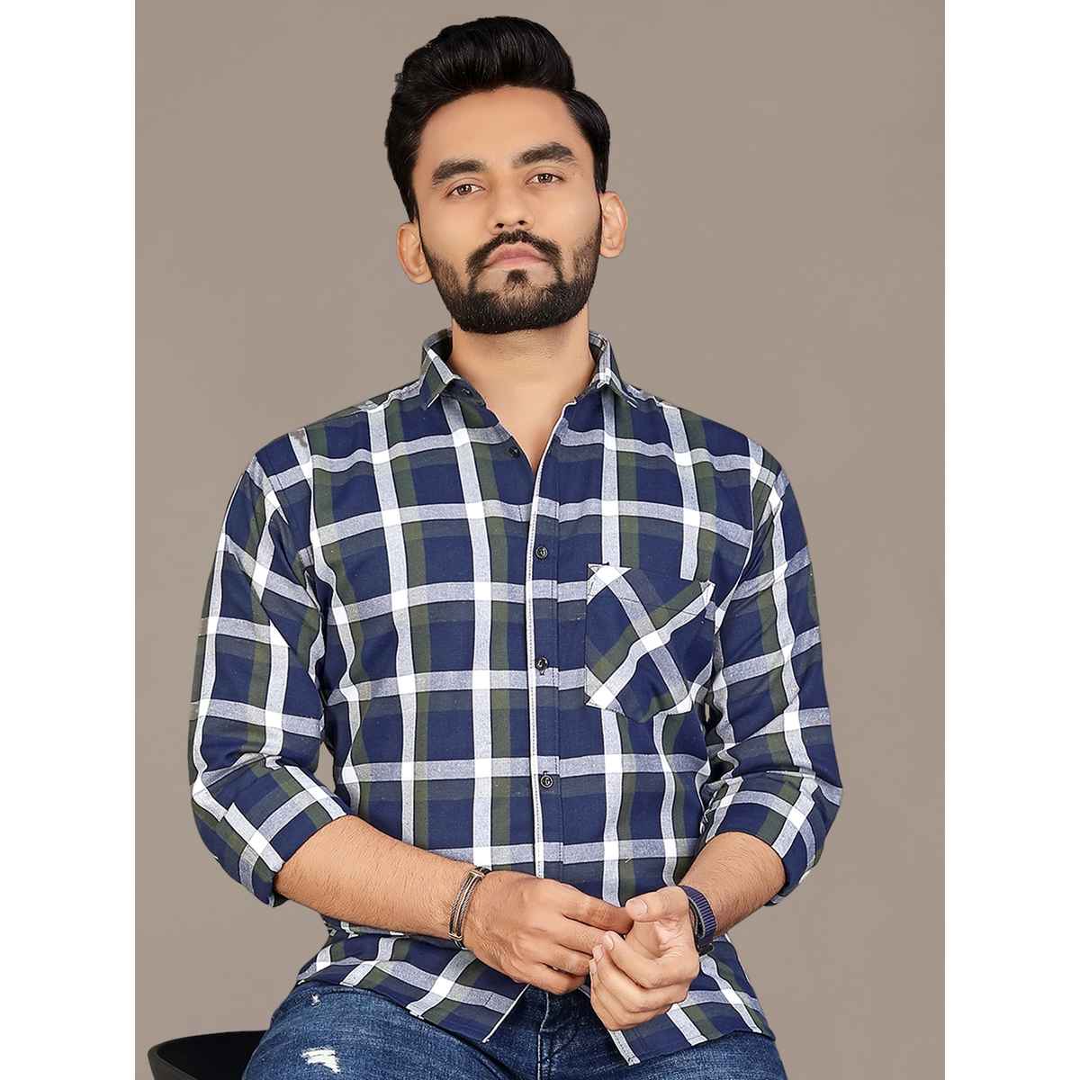 Allan Peter Men's Blue And White Checks Casual Shirt | M