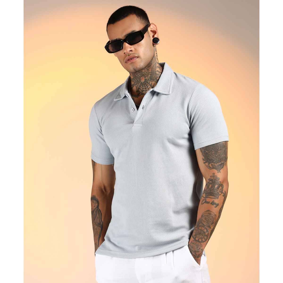 Campus Sutra Men's Ribbed Polo T-shirt | Blue - XL