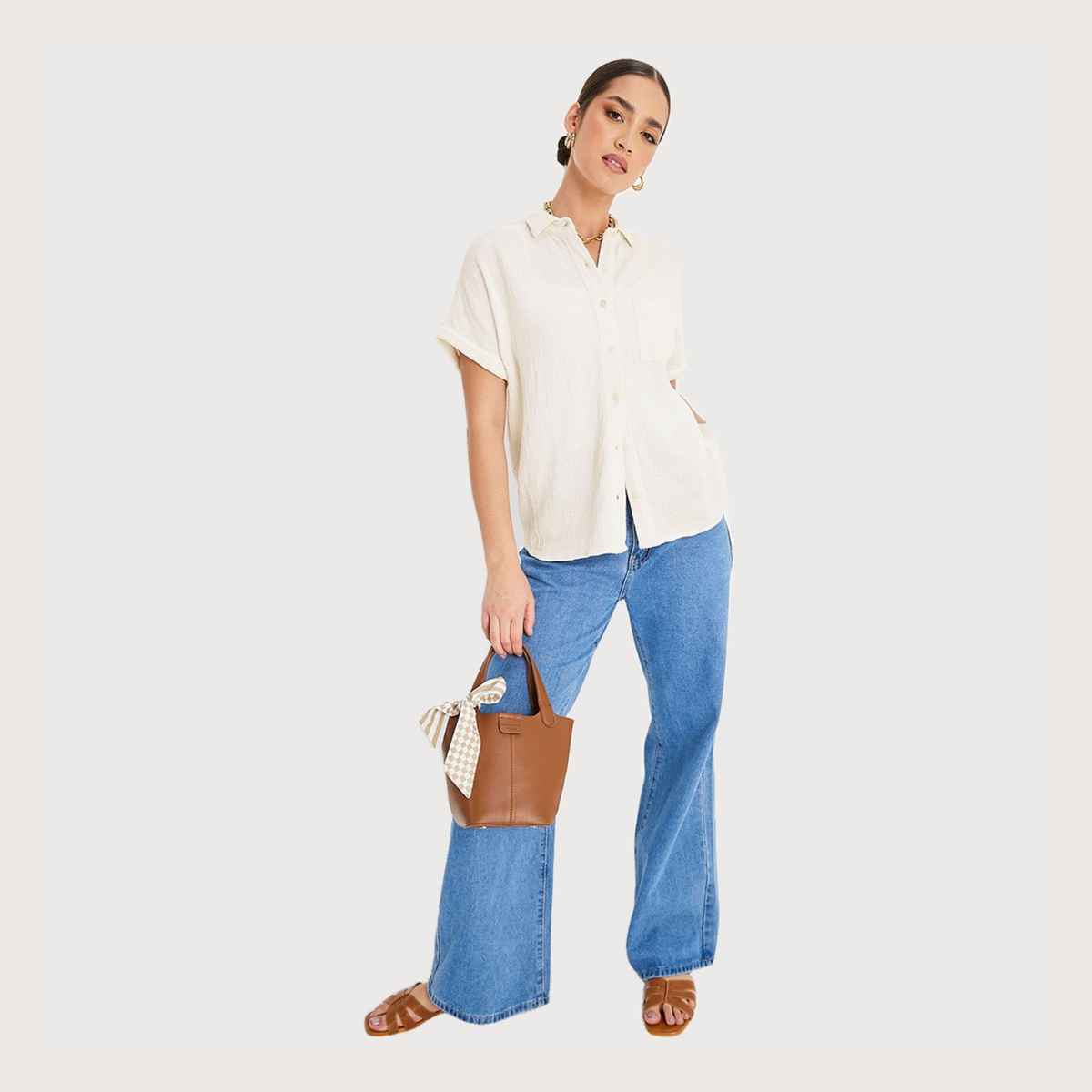 Styli Women's Regular Fit Shirt with Extended Shoulder | Off White - S