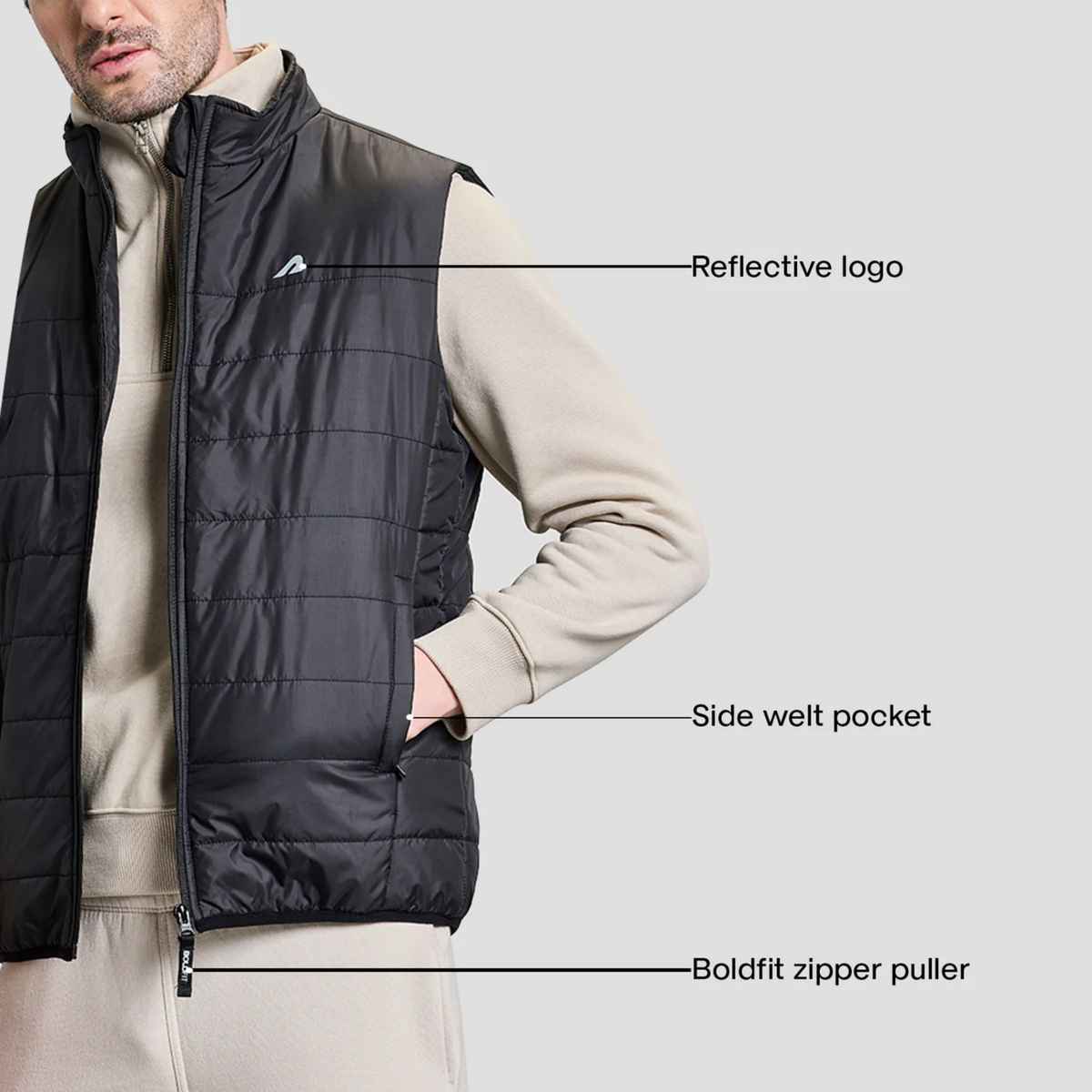 Boldfit Men's Puffer Jacket Sleeveless Winter Bomber Jerkin | Black - S