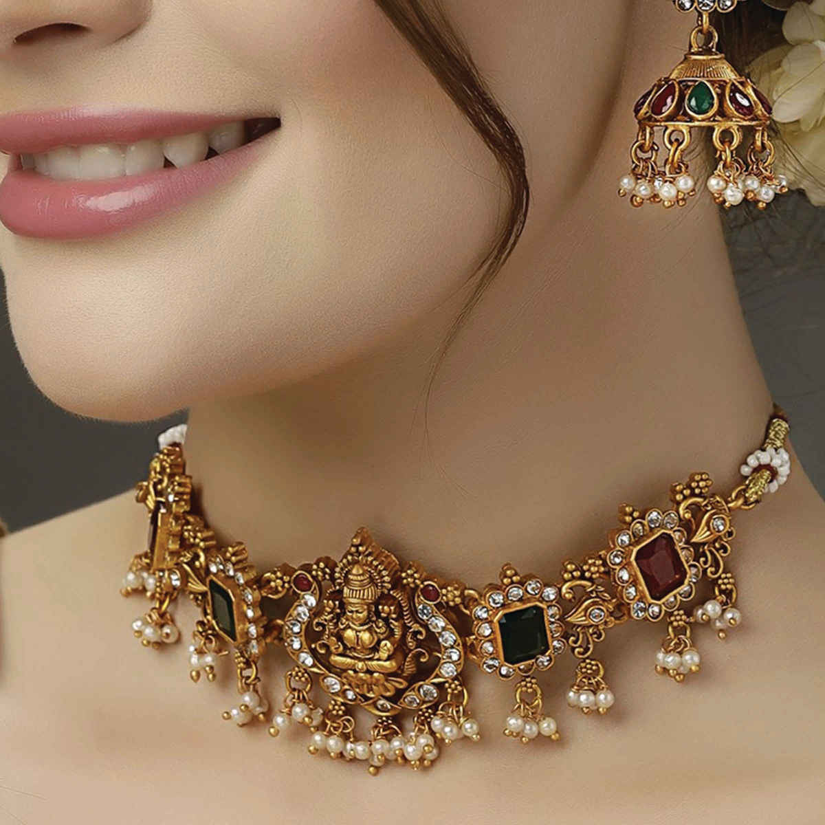 Shining Diva Fashion Stylish Design Pearl Choker Traditional Temple Jewellery Set for Women 13873s