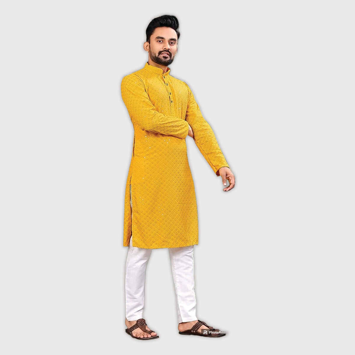 LookMark Men's Cotton Blend Thread Embroidered Full Sleeve Indian Kurta | Yellow - XXL