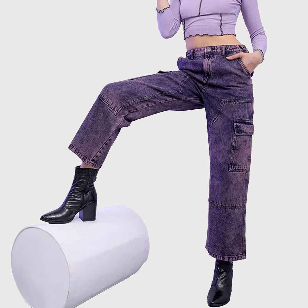 Freehand Women's Street Denim Patch Pocket Multi Pocket Utility Carpenter Denim | Purple - 32