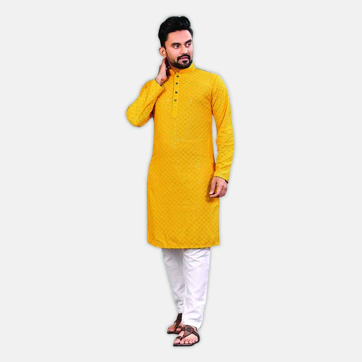 LookMark Men's Cotton Blend Thread Embroidered Full Sleeve Indian Kurta | Yellow - XXL