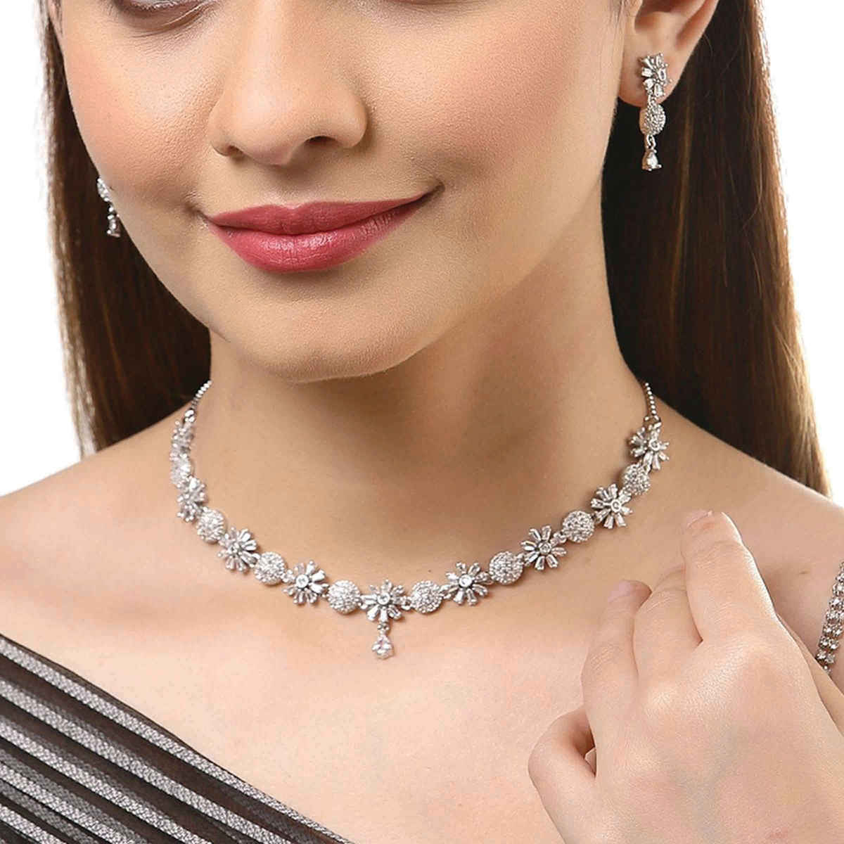 Zeneme Rhodium-Plated American Diamond Flower Necklace & Earrings Jewellery Set For Women & Girls
